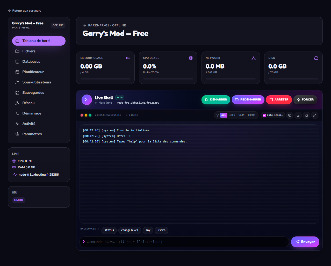 Aperçu du panel de gestion ZkHosting